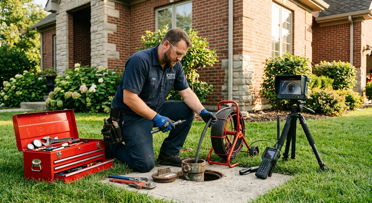 Sewer specialist with camera equipment servicing a cleanout in North Lakes