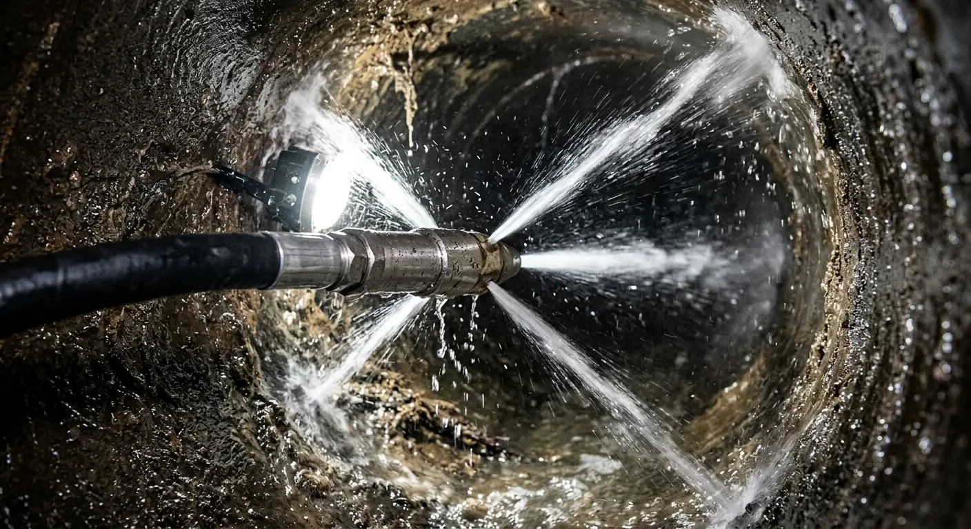 High-pressure hydro jetting nozzle cleaning sewer pipe for Sewer Cleanout in North Lakes