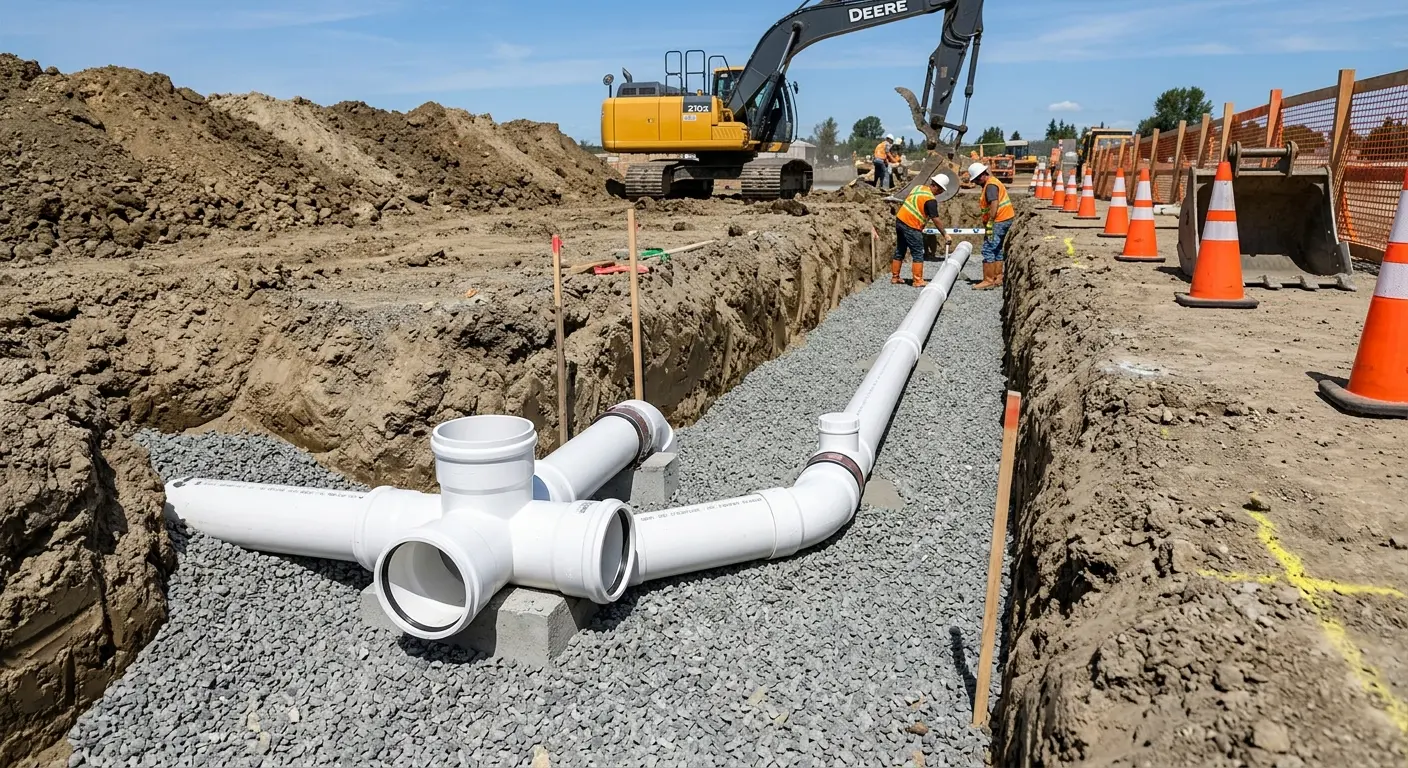 New PVC sewer pipe installation in open trench for Sewer Backup in North Lakes