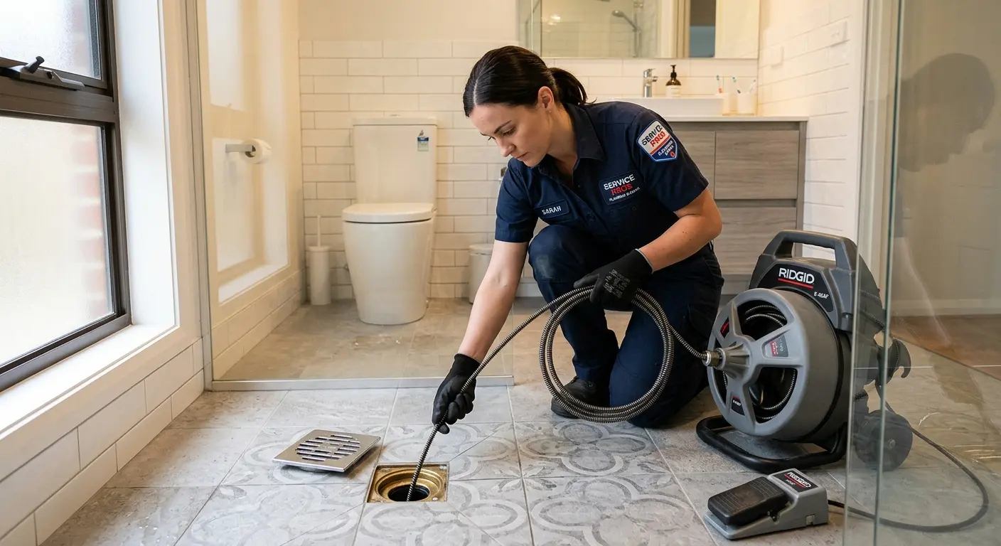 Technician clearing a bathroom floor drain for Drain Cleaning in North Lakes